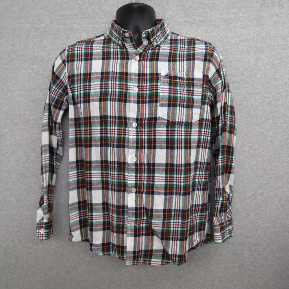 Tommy Hilifiger Mens Shirt Teen Youth's Large 16/18 Green Plaid Long Sleeve